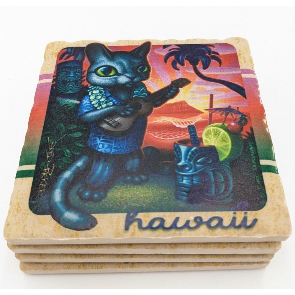 Cat Playing Ukulele Ceramic Coasters Set Aloha Hula Hawaii Tiki Bar Summer Party